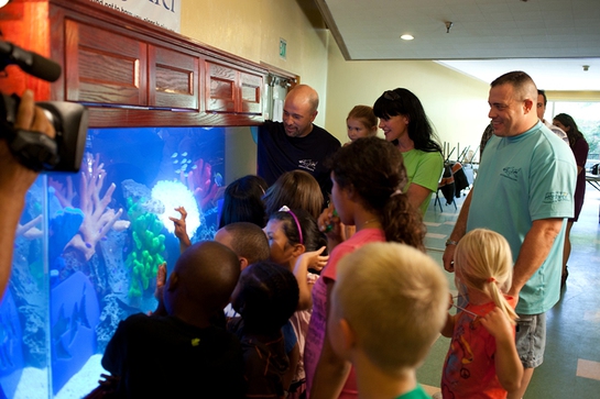 Pauley Perrette flanked by Brett Raymer (left) and Wayde King enjoy watching the children of Hope Gardens as they enjoy the new aquarium