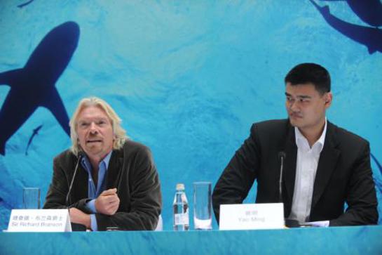 Yao Ming and British Entrepreneur Richard Branson call for greater shark protection at an event in Shanghai on Thursday hosted by international conservation organization, WildAid. Yao Ming and British Entrepreneur Richard Branson call for greater shark protection at an event in Shanghai on Thursday hosted by international conservation organization, WildAid.