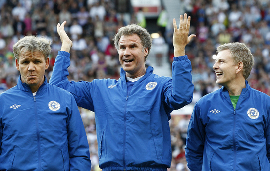 Will Ferrell stands between Chef Gordon Ramsay, left, and television presenter Patrick Kielty before the Soccer Aid charity soccer match in aid of UNICEF at Old Trafford Stadium, Manchester, England, Sunday, May 27, 2012.