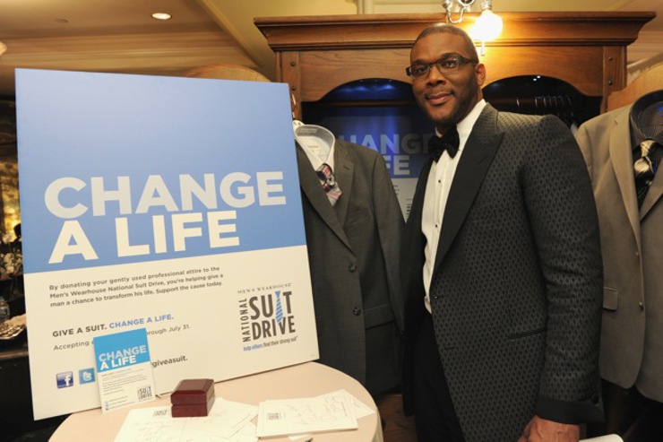  New Orleans native Tyler Perry helped unemployed men by donating a Tommy Hilfiger two-button gray suit with a Calvin Klein gray and pink tie. 