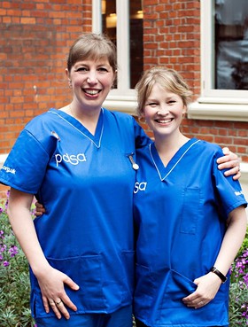 PDSA Ambassador, Joanna Page, with Vet Nurse Karen Jones from Cardiff