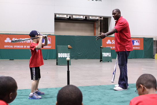 Phillies slugger Ryan Howard shares expert hitting tips with kids from Kansas City-area Boys & Girls Clubs during a baseball clinic hosted by State Farm prior to the 2012 State Farm Home Run Derby. Phillies slugger Ryan Howard shares expert hitting tips with kids from Kansas City-area Boys & Girls Clubs during a baseball clinic hosted by State Farm prior to the 2012 State Farm Home Run Derby.