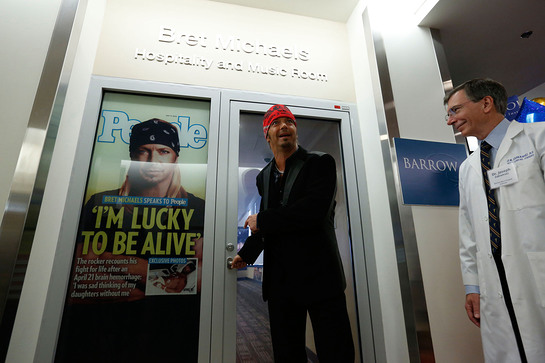 Bret Michaels and his neurosurgeon Joseph Zabramski, MD, officially open the Bret Michaels' Hospitality and Music Room at Barrow Neurological Institute at St. Joseph's Hospital in Phoenix