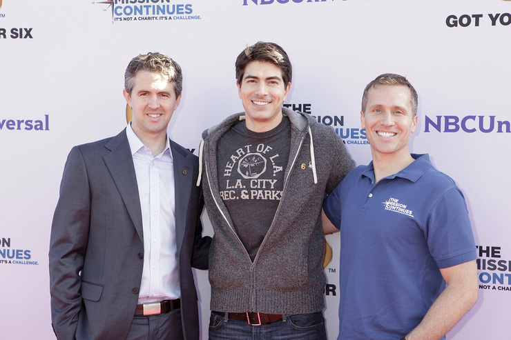 Chris Marvin, Managing Director of Got Your 6, Brandon Routh and Eric Greitens, COO of The Mission Continues at the Got Your 6 and The Mission Continues Service Project