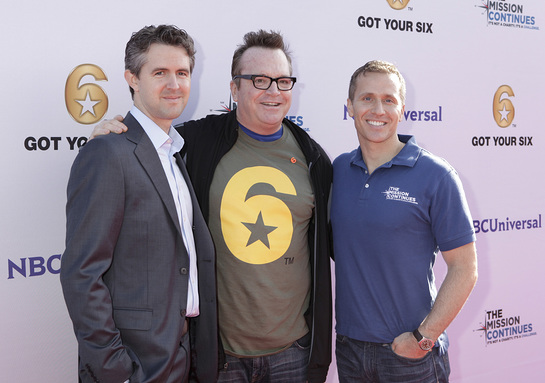 Chris Marvin, Managing Director of Got Your 6, Tom Arnold, Eric Greitens, CEO of The Mission Continues at the Got Your 6 and The Mission Continues Service Project Event at Universal Studios.