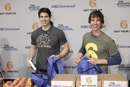 Brandon Routh and Christopher Gorham happily engaged in service at the Got Your 6 and The Mission Continues Service Project Event at Universal Studios