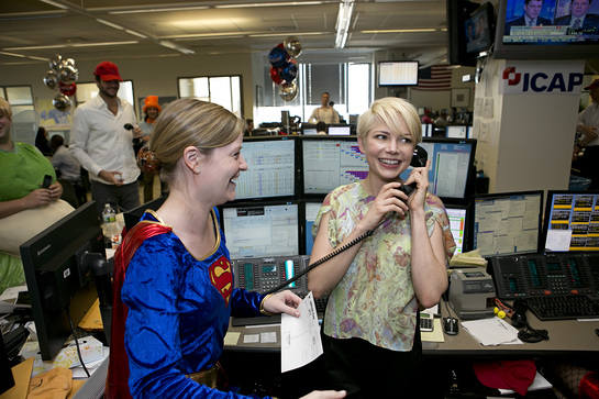 Actress Michelle Williams helps raise money during ICAP's 20th annual global Charity Day on December 5, 2012, from the Group's North American headquarters in Jersey City, NJ.