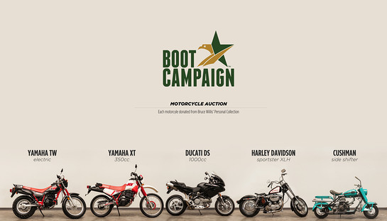 Motorcycle Auction to Benefit The Boot Campaign, a veteran awareness and support organization, featuring motorcycles from actor Bruce Willis' personal collection