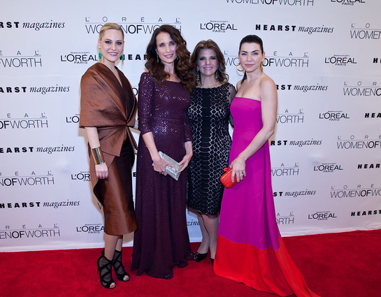 L'Oreal Paris brand ambassadors Aimee Mullins, Andie MacDowell and Julianna Margulies with L'Oreal Paris president, Karen Fondu, at the Women of Worth awards.