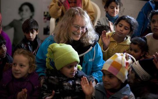 Mia Farrow visits Syrian child refugees in a UNICEF-supported child-friendly space in the northern Wadi Khaled region of Lebanon, near the Syrian border.