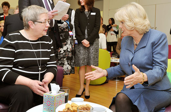 The Duchess of Cornwall talks with cancer patient Angela King