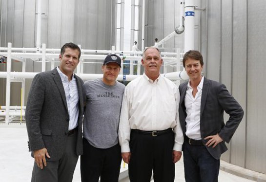 Shown from left are Michael Walker, CEO of Baswood; Woody Harrelson, Baswood co-founder; Derry Hobson, Dr Pepper Snapple executive vice president, supply chain; and Edward Norton, chairman of Baswood.