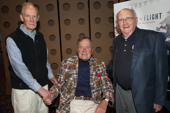 George H.W. Bush and Mrs. Barbara Bush hosted a screening of SnagFilms Honor Flight on Thursday, May 23rd. Photographed with President Bush are WWII Veterans Bob Paine and Joe Demler