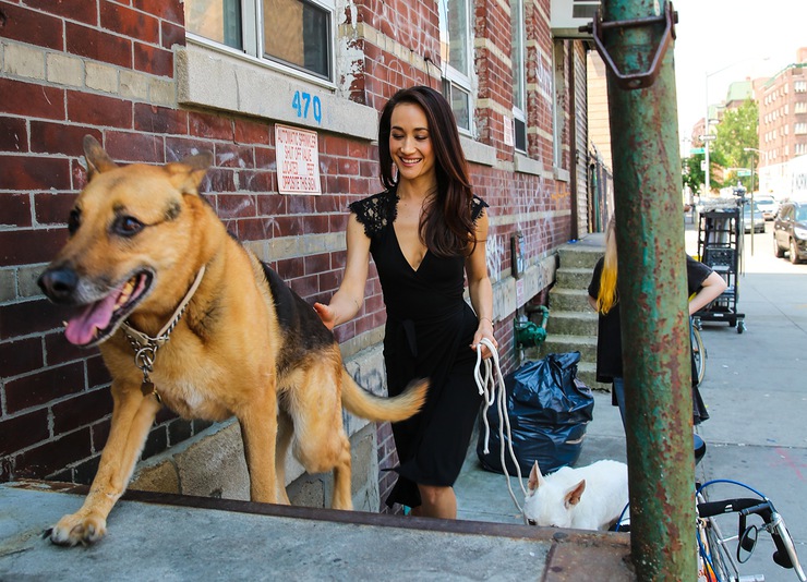 Maggie Q arrives with her dogs for a day of shooting