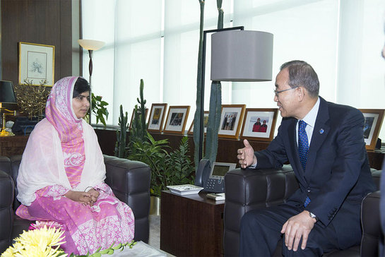 Secretary-General Ban Ki-moon with Malala Yousafzai, the young education rights campaigner from Pakistan