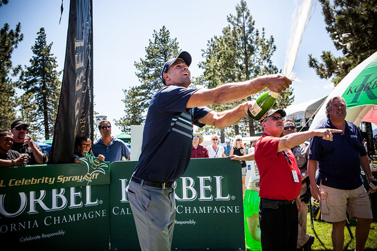 Miami Heat forward and recent NBA Finals Champion Shane Battier pops the cork to win the seventh annual Korbel Celebrity Spray-Off