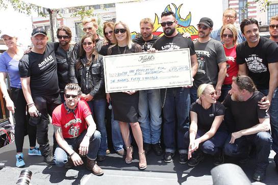 Sharon Stone joins Kiehl's President, Chris Salgardo, amfAR CEO, Kevin Frost and LifeRiders John Corbett, Gilles Marini, Kurt Yaeger, Ben Cohen, Katee Sackhoff, Tricia Helfer and more to accept a $150,000 donation to amfAR