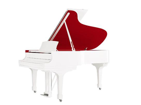 A white Steinway Parlor Grand Model A piano, customized by Jony Ive and Marc Newson.