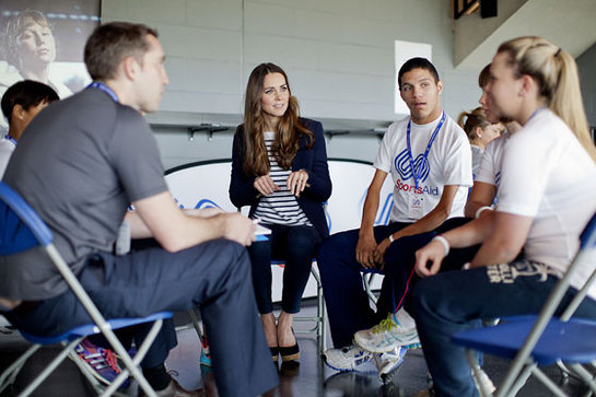 The Duchess of Cambridge, Patron of SportsAid, sits in on a SportsAid Athlete Workshop at the Copper Box, in east London, to see how young athletes are benefiting from help from one of her charities.