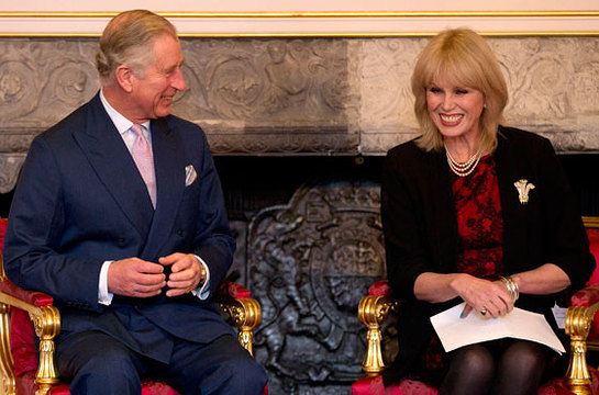 Prince of Wales, the President of Arts and Business with host Joanna Lumley at a ceremony for The Prince of Wales Medal for Arts Philanthropy for 2013