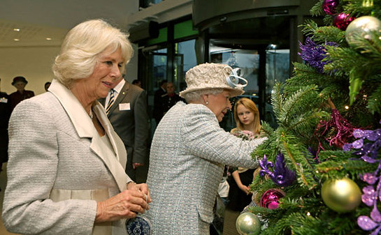 The Queen and The Duchess of Cornwall help decorate the Christmas tree at Barnardo's