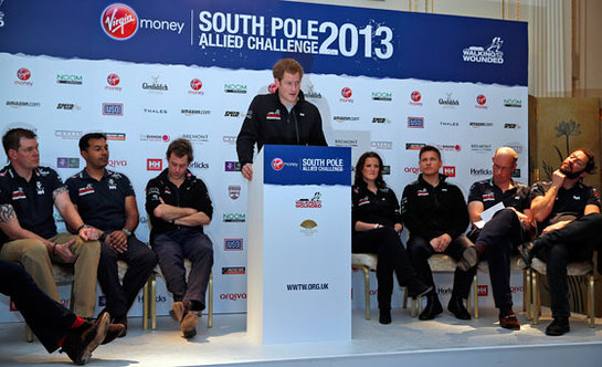 Prince Harry speaks at the Walking With The Wounded South Pole Allied Challenge welcome home press conference.