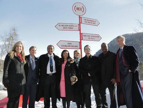 L-R: Deborah Dugan, CEO, (RED); Mark Dybul, Executive Director, The Global Fund to Fight AIDS, TB and Malaria; Patrice and Precious Motsepe; Anne Finucane, Bank of America; Bono, co-founder, (RED); President Mahama, Ghana; Bill McDermott, SAP.