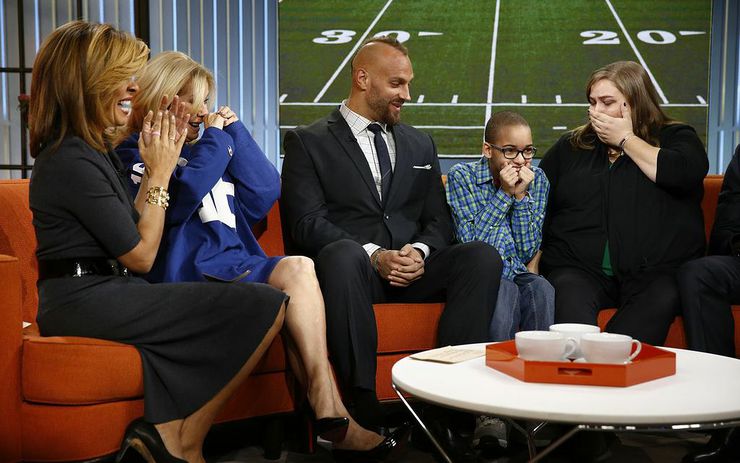 Hoda Kotb, Kathie Lee, Mark Herzlich of the New York Giants, Elijah Williams, Mark’s Mentee, Sarah Williams, Elijah’s mother