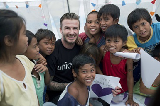 David Beckham made Valentine's Day cards with child survivors of Typhoon Haiyan at a UNICEF-supported child-friendly space at one of Tacloban's major evacuation points.