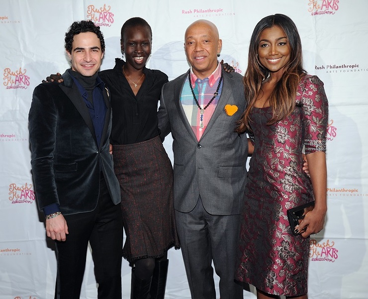 Zac Posen Alek Wek and Patina Miller with Russell Simmons