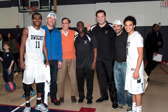 From left: Peewee Kirkland Jr. '14, Bode Miller, Dwight School Chancellor Stephen Spahn, Coaches Dermon Player and David Brown, Kirk Spahn, ICL Founder and Chairman, and Kieran Hamilton '15.