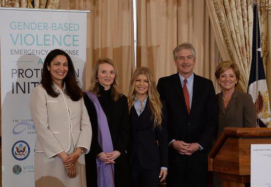 Uzra Zeya, Acting Assistant Secretary of State for Democracy, Human Rights and Labor, Alyse Nelson, CEO of Vital Voices, Fergie, Avon Foundation Ambassador, William Burns, Deputy Secretary of State, and Sheri McCoy, CEO of Avon Products, Inc.