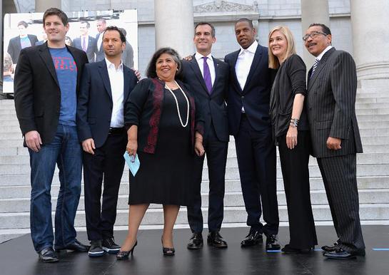 Budweiser Vice President Brian Perkins, Live Nation's Michael Rapino, LA City Supervisor Gloria Molina, LA Mayor Eric Garcetti, JAY Z, United Way's Elise Buik and LA City Council President Herb Wesson.