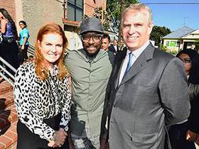 Sarah Ferguson, Duchess of York, i.am.angel Foundation President, will.i.am and The Duke of York in front of the i.am College Track Boyle Heights Boyle Heights center.