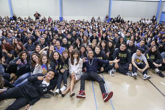 Naya Rivera and Terrence J pose for a quick selfie for Get Schooled at Collins Family High School