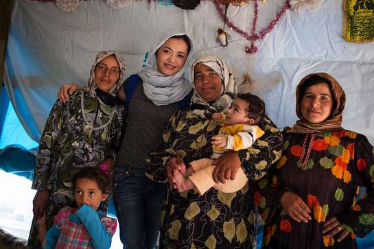 Chinese actress Yao Shen meets Syrian refugees at a collective shelter in Tyre, Lebanon