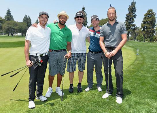 Dave Anabelle, Donald Faison, Kim Coates, Brett Harrison and model Gabriel Aubry pose on the greens