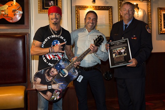 Bret Michaels With Hard Rock Cafe New York General Manager, Daniel Sarroino, and Ray Pfeifer of FDNY