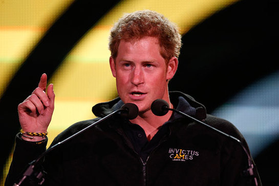 Prince Harry speaks on stage at the Invictus closing ceremony