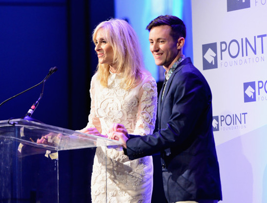 Judith Light (L) and Point Foundation alum Rhys Ernst speak onstage during Point Foundation's Voices On Point Gala