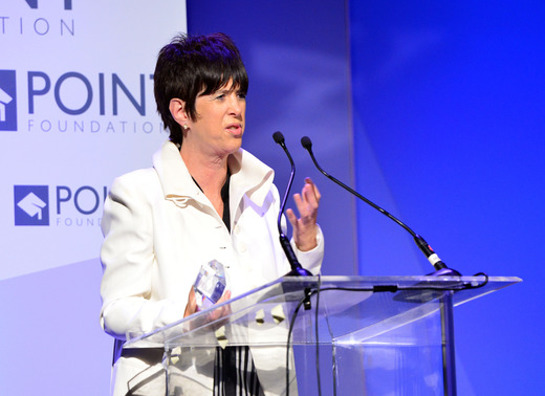 Diane Warren accepts the Point Leadership Award onstage at Point Foundation's Voices On Point Gala