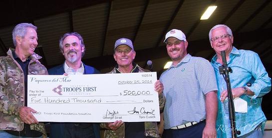 Tom Cusick, David Feherty, George Strait, golfer Chad Pfeifer and Kerry Fisher celebrate record $550,000 raised at this year's Vaqueros del Mar Invitational Golf Tournament and Auction