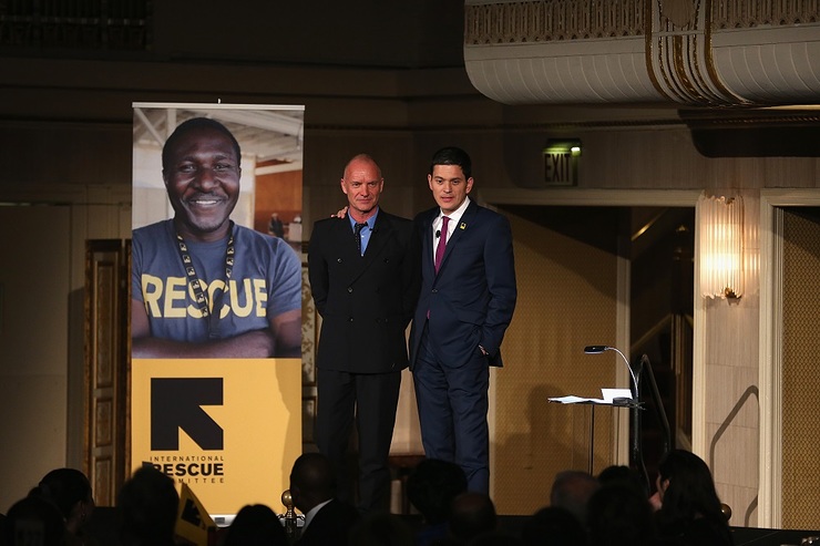 Sting joined IRC President and CEO David Miliband on stage to honor humanitarian aid workers across the world