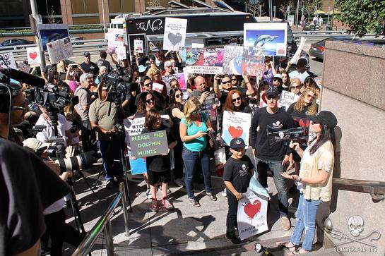 Shannen Doherty speaks to 250 demonstrators in Los Angeles at Japanese Consulate on World Love For Dolphins Day