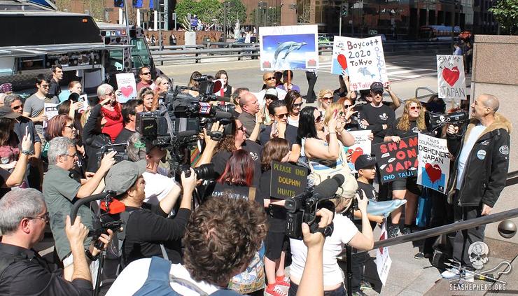 Sam Simon speaks to protesters in Los Angeles at World Love for Dolphins Day 2015