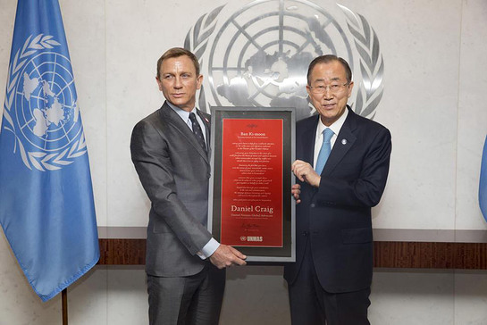 Ban Ki-moon (right), appoints actor Daniel Craig as the first UN Global Advocate for the Elimination of Mines and Explosive Hazards