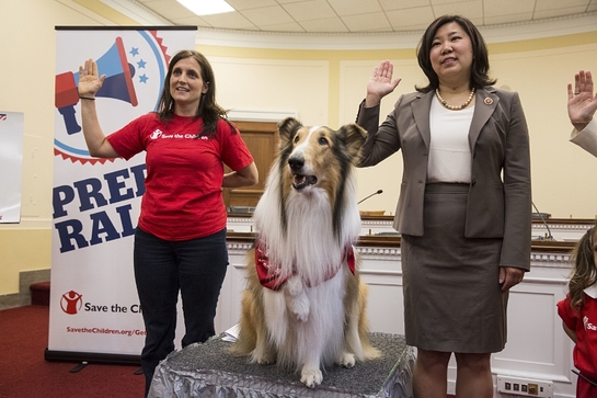 Lassie joins Rep. Grace Meng (D-NY) and Save the Children's Erin Bradshaw in leading a pledge to protect children from disaster