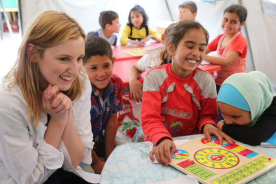 Laura visits children in informal learning spaces at Houch El-Oumara tented settlement in Bekaa Vally