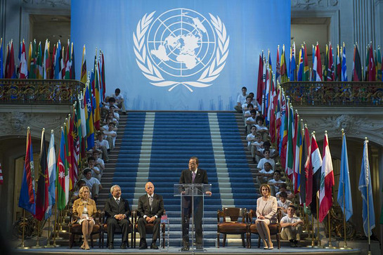 Ban Ki-moon addresses a ceremony commemorating the 70th anniversary of the adoption of the UN Charter in San Francisco