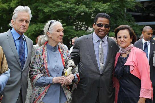 Michael Douglas and Jane Goodall at the annual Peace Bell Ceremony 